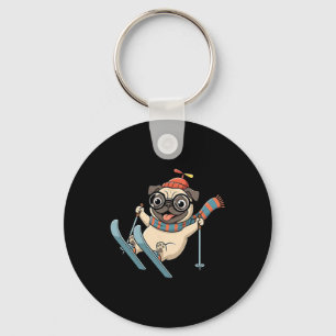 Ski Dog Winter Pug On Slopes Funny Snow Adventure Keychain