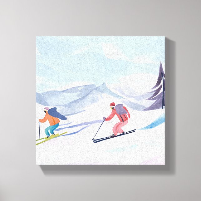 Ski Friends | Beautiful Watercolor Ski Mountain Canvas Print (Front)
