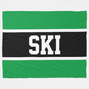 SKI Fun Athletic Black White Bright Green Stripes  Fleece Blanket