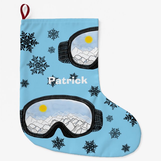 Ski Goggles and whimsical snowflakes Large Christmas Stocking (Front)