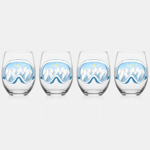 Ski Goggles Mountain Reflection Sky Blue Set 4 Stemless Wine Glass