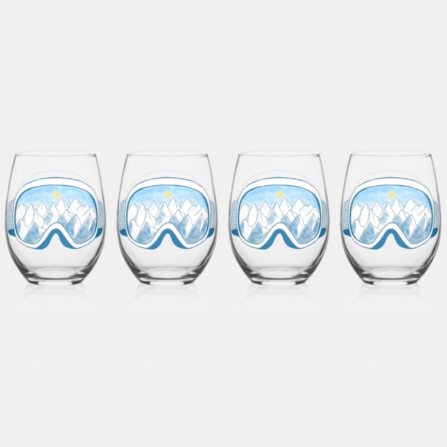 Ski Goggles Mountain Reflection Sky Blue Set 4 Stemless Wine Glass (Front)