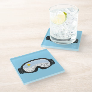 Ski Goggles Mountain View Illustration Light Blue Glass Coaster