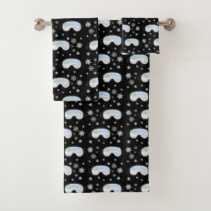 Ski Goggles Mountain View Snowflakes Black Bath Towel Set