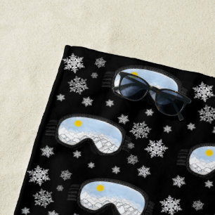 Ski Goggles Mountain View Snowflakes Black Beach Towel