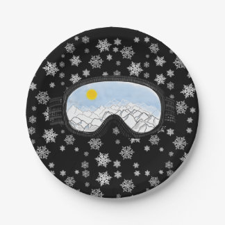 Ski Goggles Mountain View Snowflakes Black Paper Plate