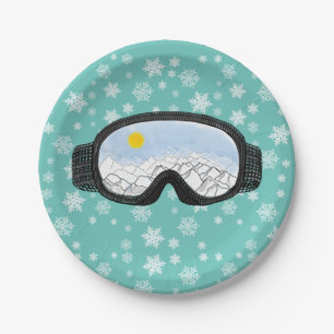 Ski Goggles Mountain View Snowflakes Blue Paper Plate