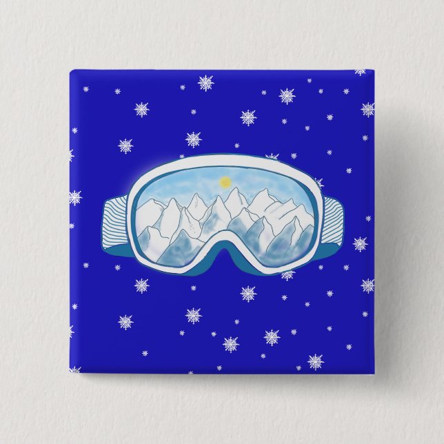 Ski Goggles with mountain reflection 2 Inch Square Button (Front)