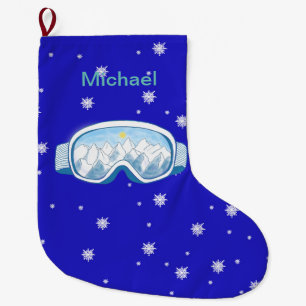 Ski Goggles with mountain reflection personalized Large Christmas Stocking