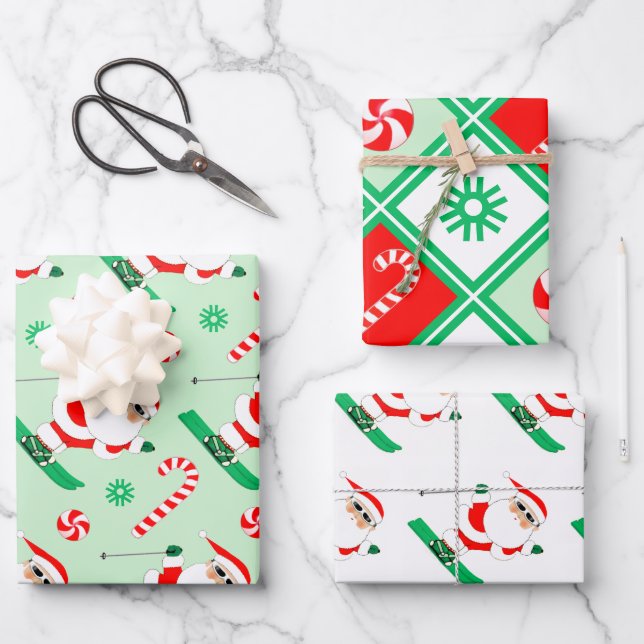 Ski Holiday Santa Skiing Gift Wrapping Paper Sheet (Front)