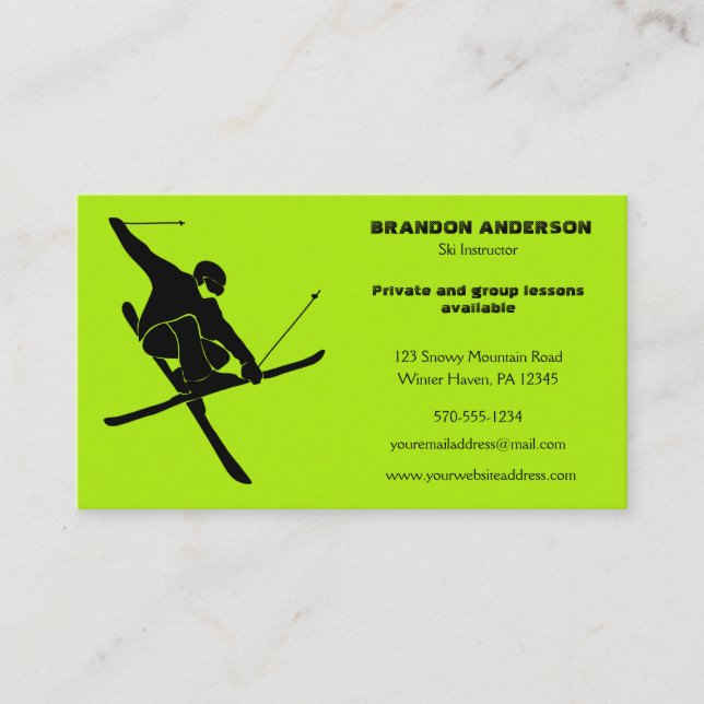 Ski Instructor, Skiing Lessons, Skiers Rentals Business Card (Front)
