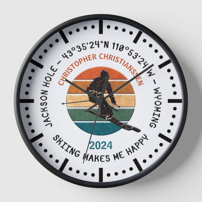 Ski Jackson Hole, Wyoming - Man Skier, Black Text Clock (Front)