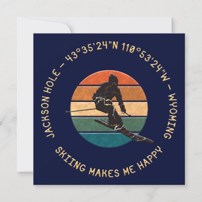 Ski Jackson Hole, Wyoming - Man Skier, Yellow Text Holiday Card (Front)