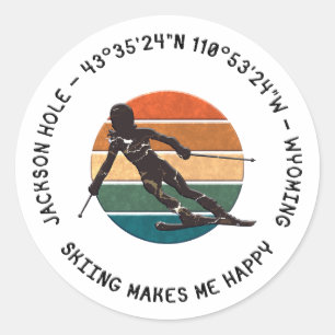 Ski Jackson Hole, Wyoming - Woman Skier Black Text Classic Round Sticker