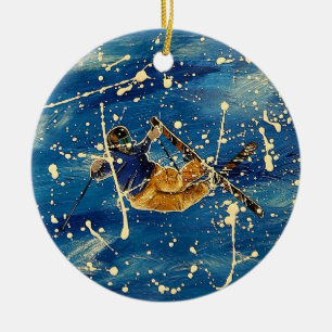 Ski jump splatter art ceramic ornament