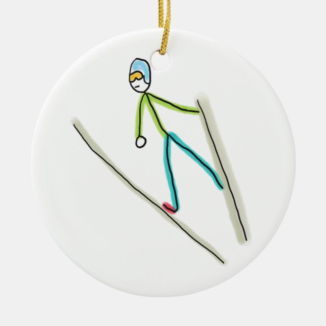 Ski Jumping Stickman Ceramic Ornament (Front)
