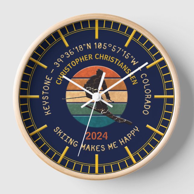Ski Keystone, Colorado - Man Skier, Yellow Text Clock (Front)