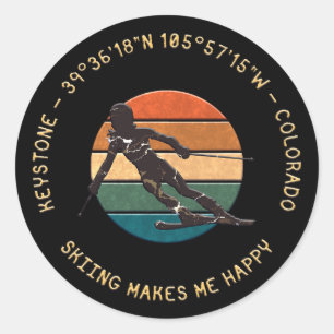 Ski Keystone, Colorado - Woman Skier, Yellow Text Classic Round Sticker