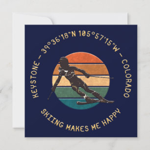 Ski Keystone, Colorado - Woman Skier, Yellow Text Holiday Card