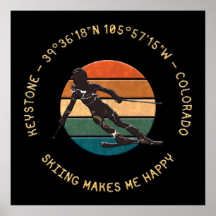 Ski Keystone, Colorado - Woman Skier, Yellow Text Poster