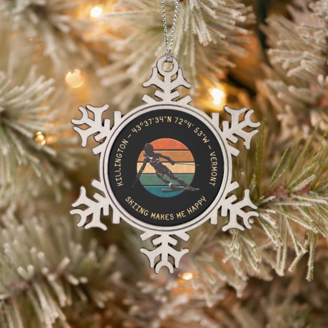 Ski Killington, Vermont - Woman Skier, Yellow Text Snowflake Pewter Christmas Ornament (Tree)