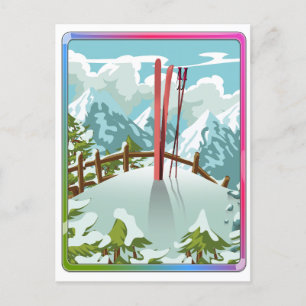 Ski landscape cartoon invitation postcard