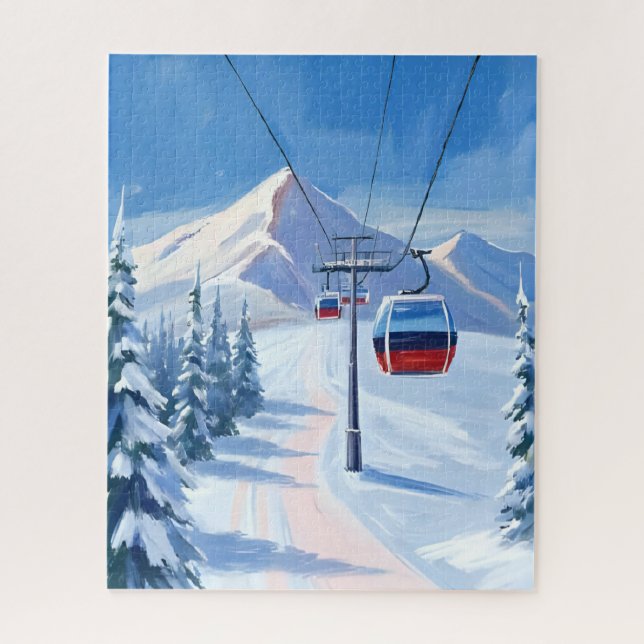 Ski Lift | Snow Mountain Gondola Watercolor Jigsaw Puzzle (Vertical)