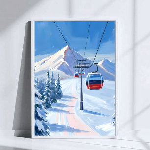 Ski Lift   Snow Mountain Gondola Watercolor Poster