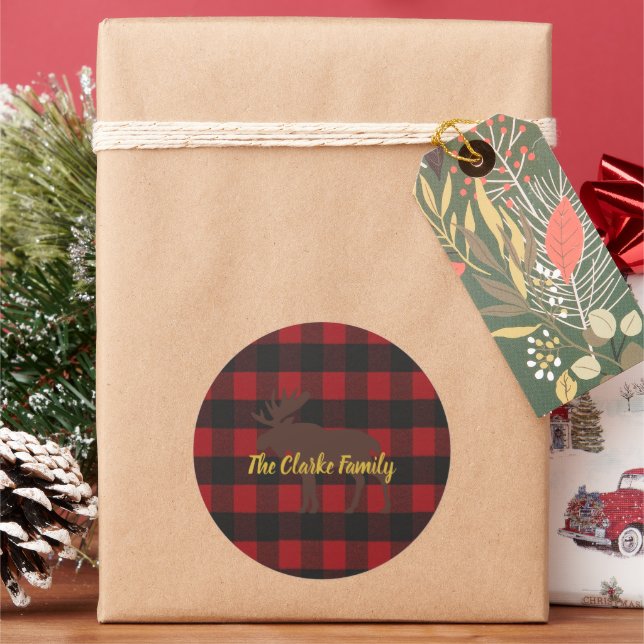Ski Lodge Moose Buffalo Plaid Holiday Party Classic Round Sticker (Holiday)