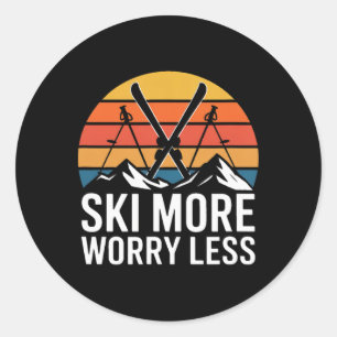 Ski More Worry Less Retro Skiing Mountains Classic Round Sticker