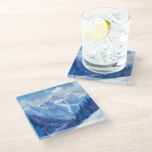 Ski Mountain   Blue Watercolor Mountain Range Glass Coaster