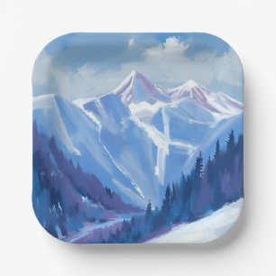 Ski Mountain Blue Watercolor Mountain Range Paper Plate