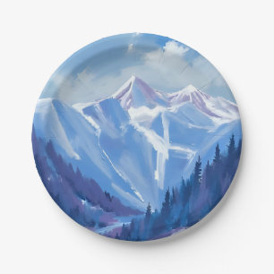 Ski Mountain Blue Watercolor Mountain Range Paper Plate