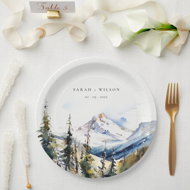 Ski Mountain Telluride Colorado Watercolor Wedding Paper Plate (Wedding)