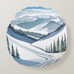 Ski Mountain Watercolor Round Pillow