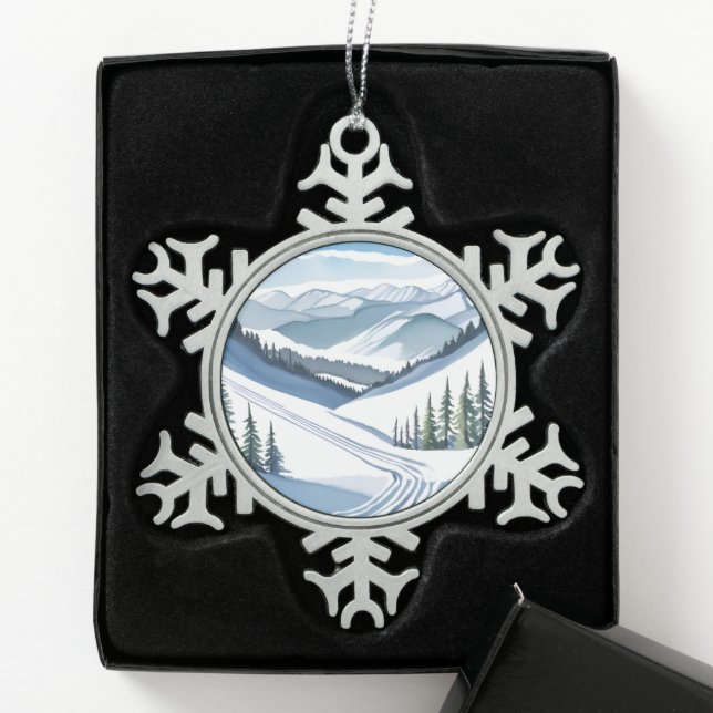Ski Mountain Watercolor Snowflake Pewter Christmas Ornament (Box)