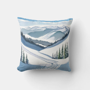 Ski Mountain Watercolor Throw Pillow