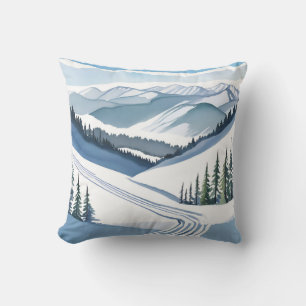 Ski Mountain Watercolor Throw Pillow