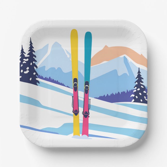Ski Mountain Watercolor Winter Paper Plate (Front)