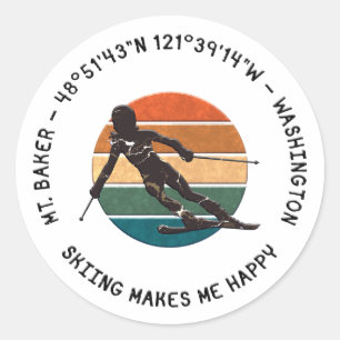 Ski Mt. Baker, Washington - Lady Skier, Black Text Classic Round Sticker