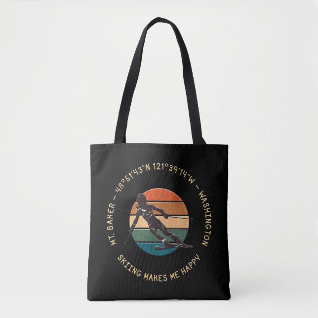 Ski Mt. Baker, Washington - Lady Skier Yellow Text Tote Bag (Front)