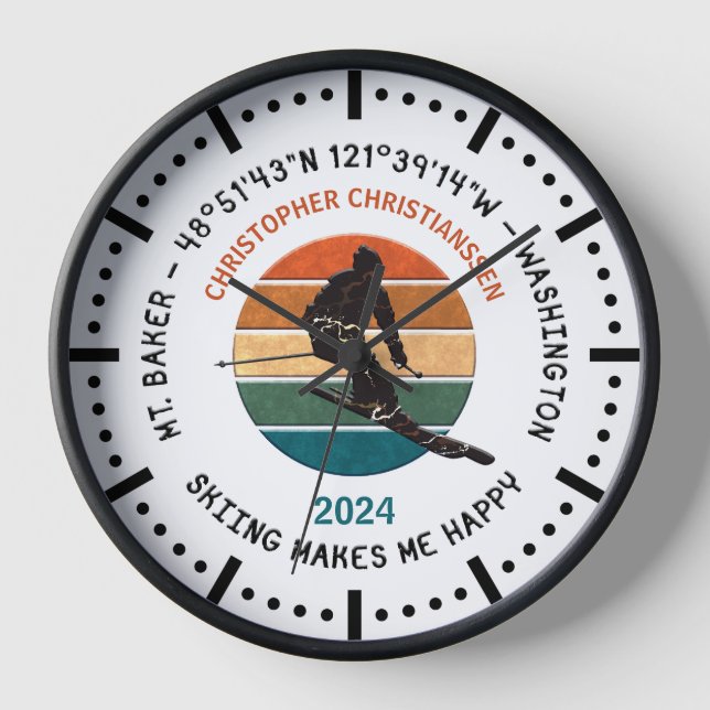 Ski Mt. Baker, Washington - Man Skier, Black Text Clock (Front)
