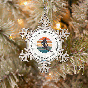 Ski Mt. Baker, Washington - Man Skier, Black Text Snowflake Pewter Christmas Ornament
