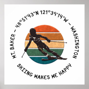 Ski Mt. Baker, Washington - Woman Skier Black Text Poster