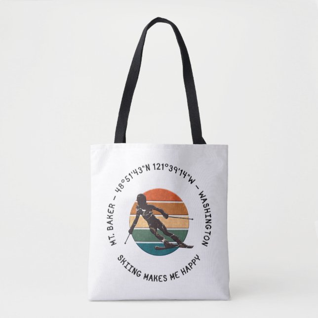 Ski Mt. Baker, Washington - Woman Skier Black Text Tote Bag (Front)