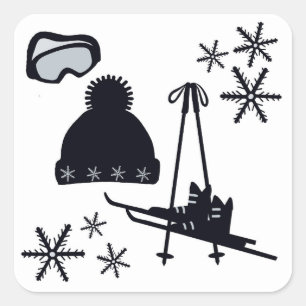 Ski noir & design d'hiver sur autocollants carrés.