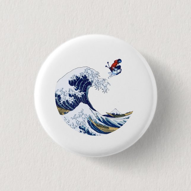 Ski on The Great Wave of Kanagawa Japanese  1 Inch Round Button (Front)