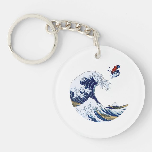 Ski on The Great Wave of Kanagawa Japanese Keychain (Front)