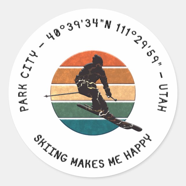 Ski Park City, Utah - Man Skier, Black Text Classic Round Sticker (Front)