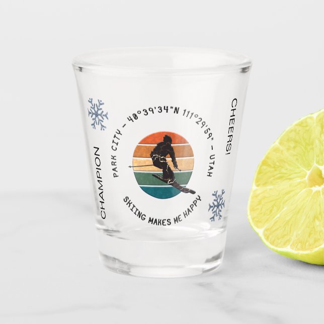 Ski Park City, Utah - Man Skier, Black Text Shot Glass (Front)